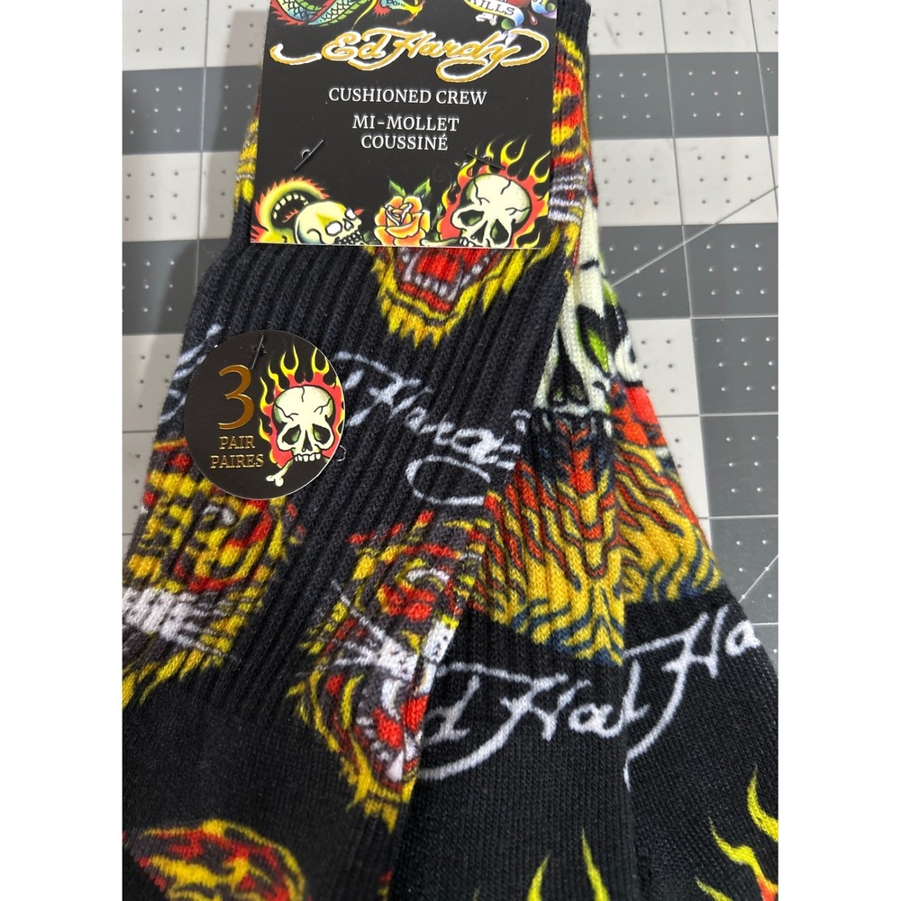 Ed Hardy Mens 3-Pack Cushioned Crew Socks Black Tiger Skull Tattoo NEW in Pkg